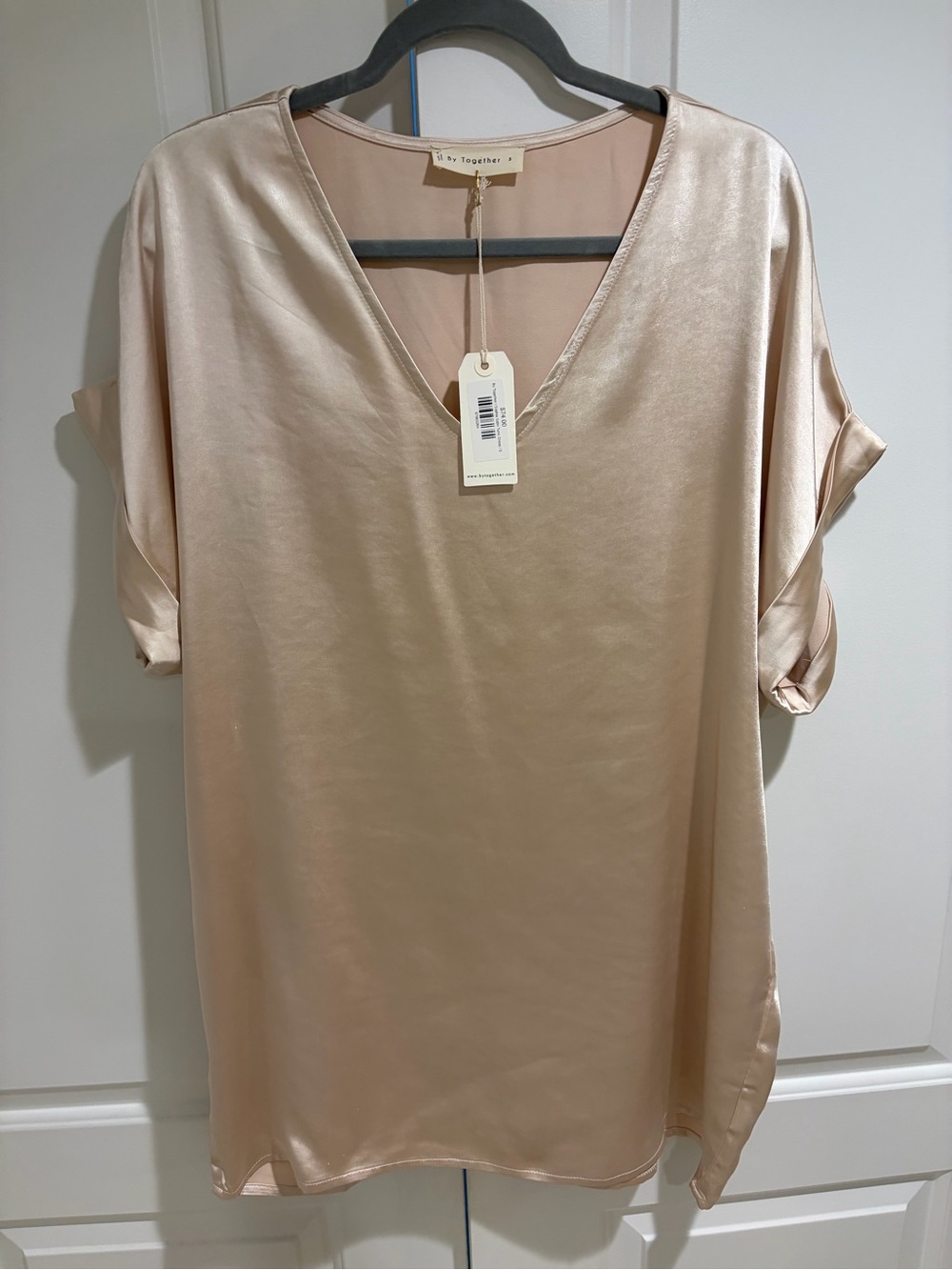 Together Satin V-Neck Short Sleeve mini dress or long blouse Champagne Blush